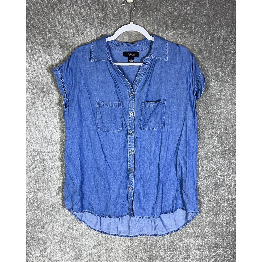 Style & Co Chambray Top Womens Size 0X Button Up Blue Hi Low Chest Pockets